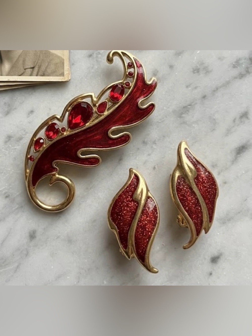 Trifari Red Enamel & Crystal Flame Brooch with Matching Earrings
